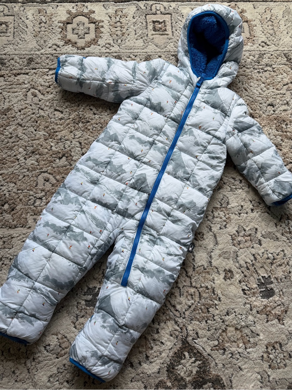 Spyder Light Gray and Blue Quilted Hooded Baby One-Piece